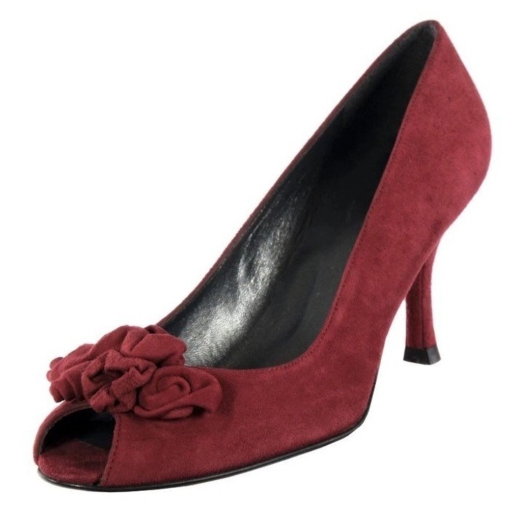 STUART WEITZMAN Heels Pump Red Suede Leather Rosette Peep Toe Women 53977 Size 7